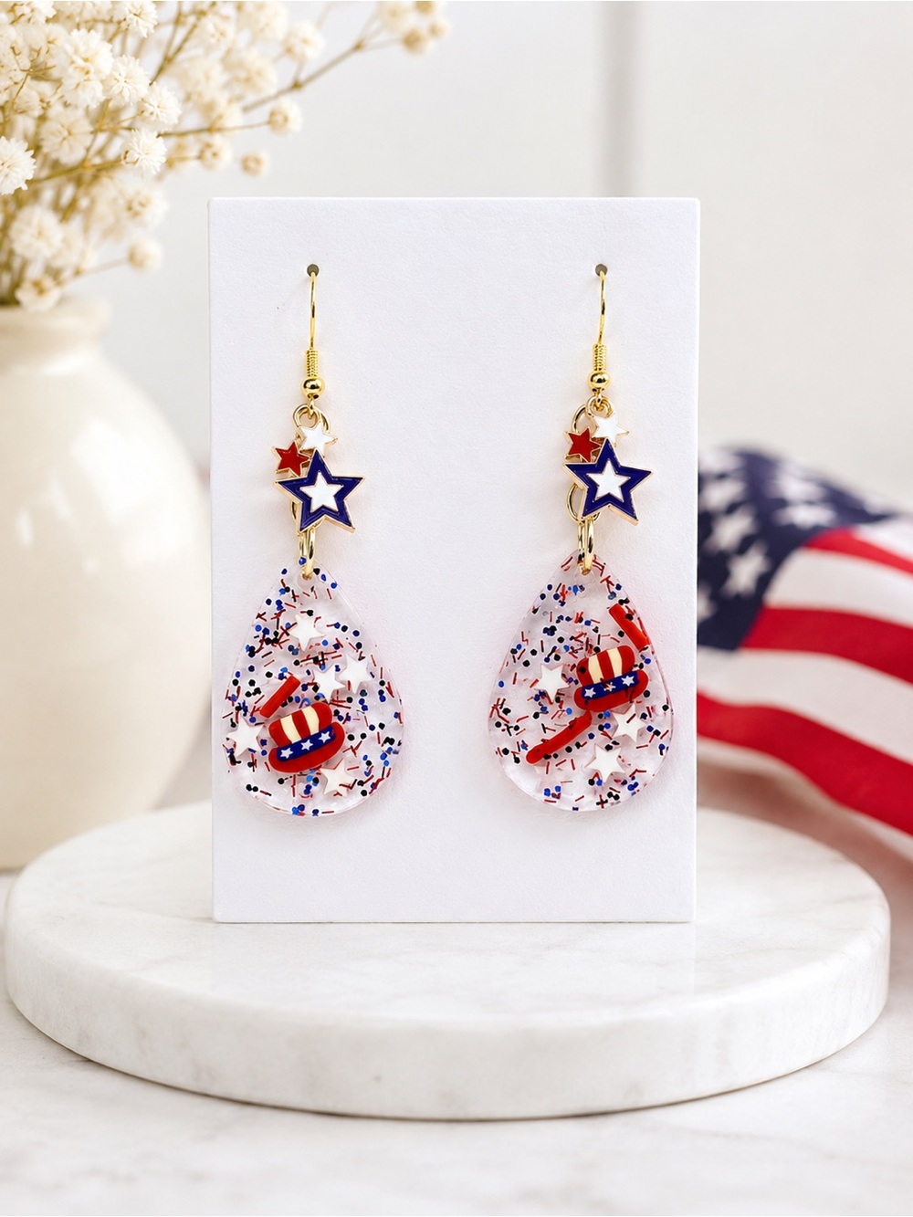 Patriotic Red, White & Blue Star Drop Earrings